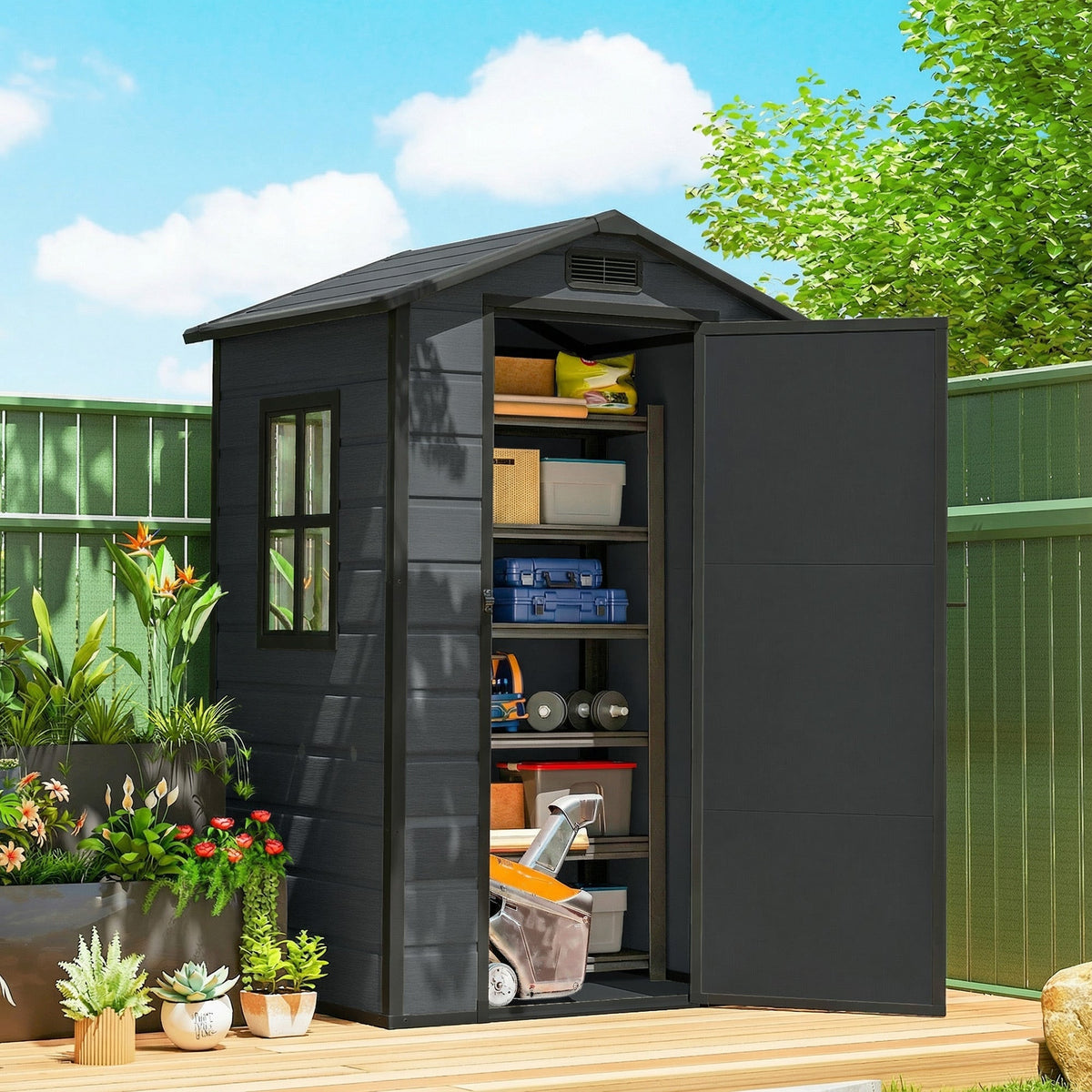 Outsunny 4 x 3 ft Plastic Garden Shed with Floor, Outdoor Storage Shed with Lockable Door, Window and Vent, Dark Grey