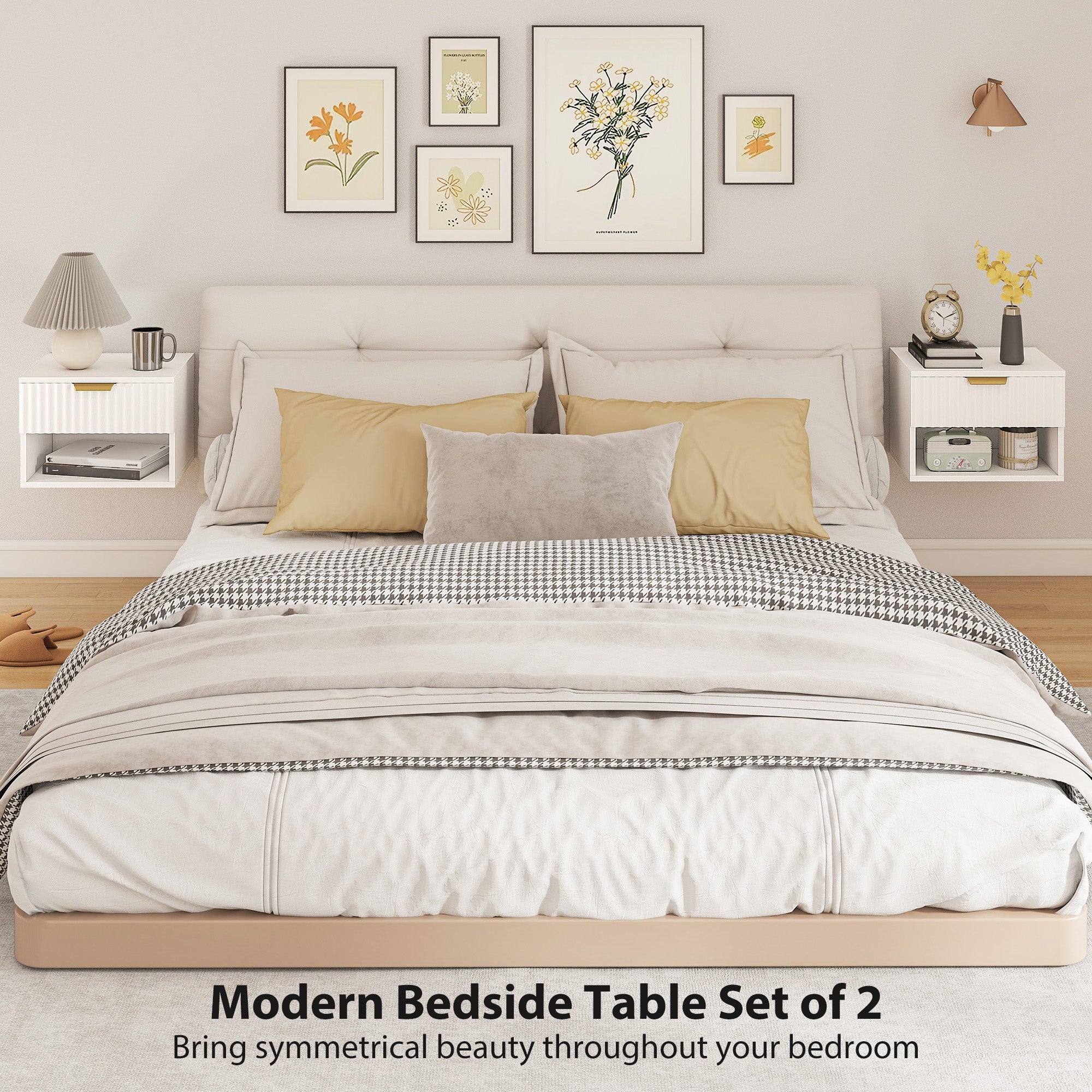 HOMCOM Floating Nightstands Set of 2, Modern Wall Mounted Bedside Tables with Fluted Drawer and Open Shelf for Bedroom, White