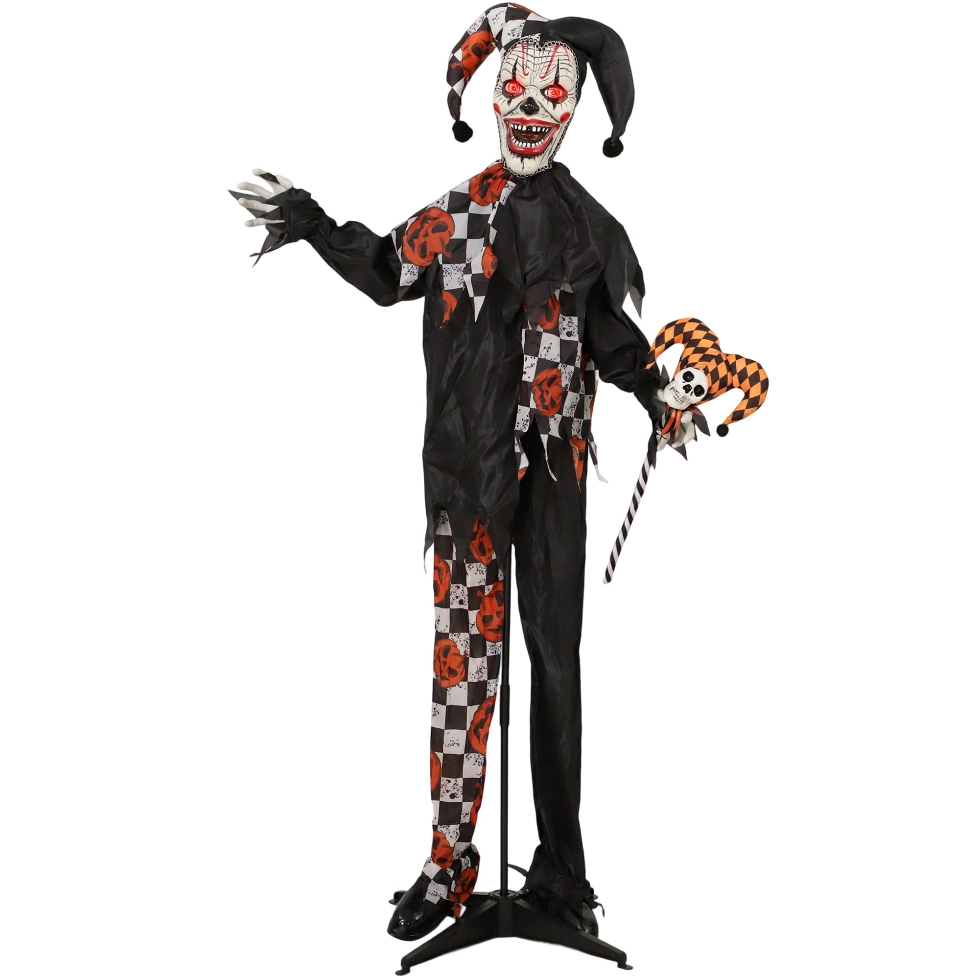 Outsunny 183 cm Life Size Halloween Animated Clown & Skull Staff with Red Light Up Eyes, Sound Activated Moving Arms & Head, Scary Clown Halloween Decorations, Battery Operated, Indoor Party Props