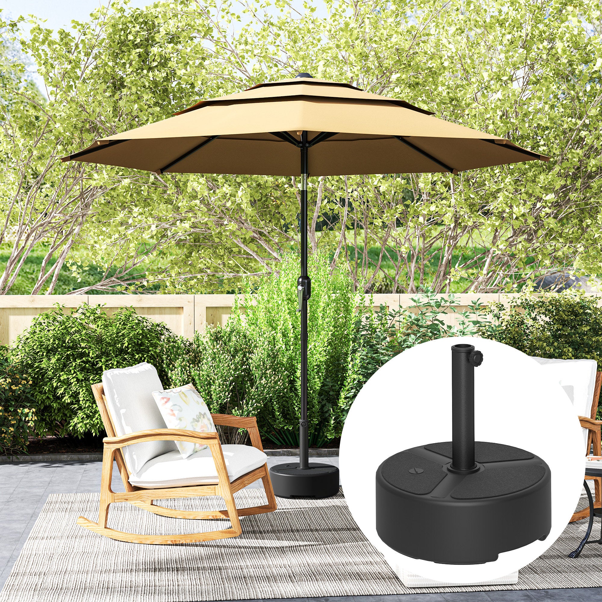 Outsunny Round Garden Parasol Base, Garden Umbrella Stand Heavy Duty Parasol Base, Filled Up to 20kg with Stand or 18kg with Water for 38, 48 mm Poles, Black