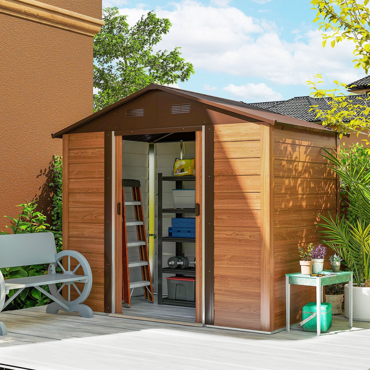 Outsunny 6 x 8ft Galvanised Steel Shed - Brown Wood-Effect