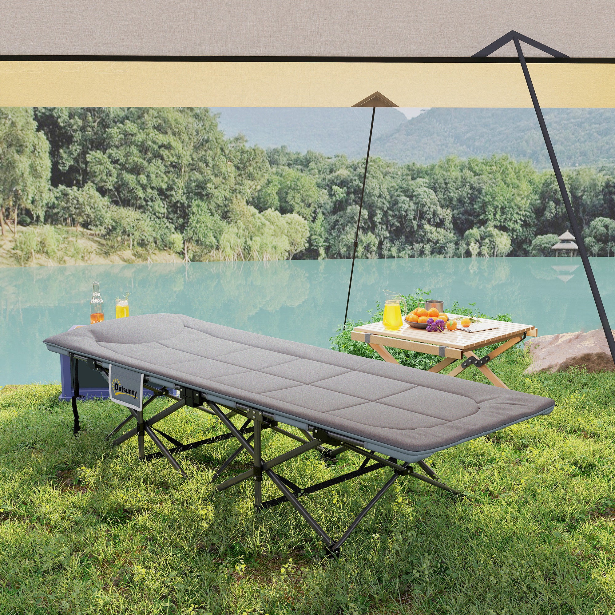 Outsunny Folding Camping Bed for Adults with Cushion, Heavy Duty Portable Travel Camping Cot with Headrest, Side Pocket and Non-Slip Foot Pads for Outdoor Beach Travel Office, Grey