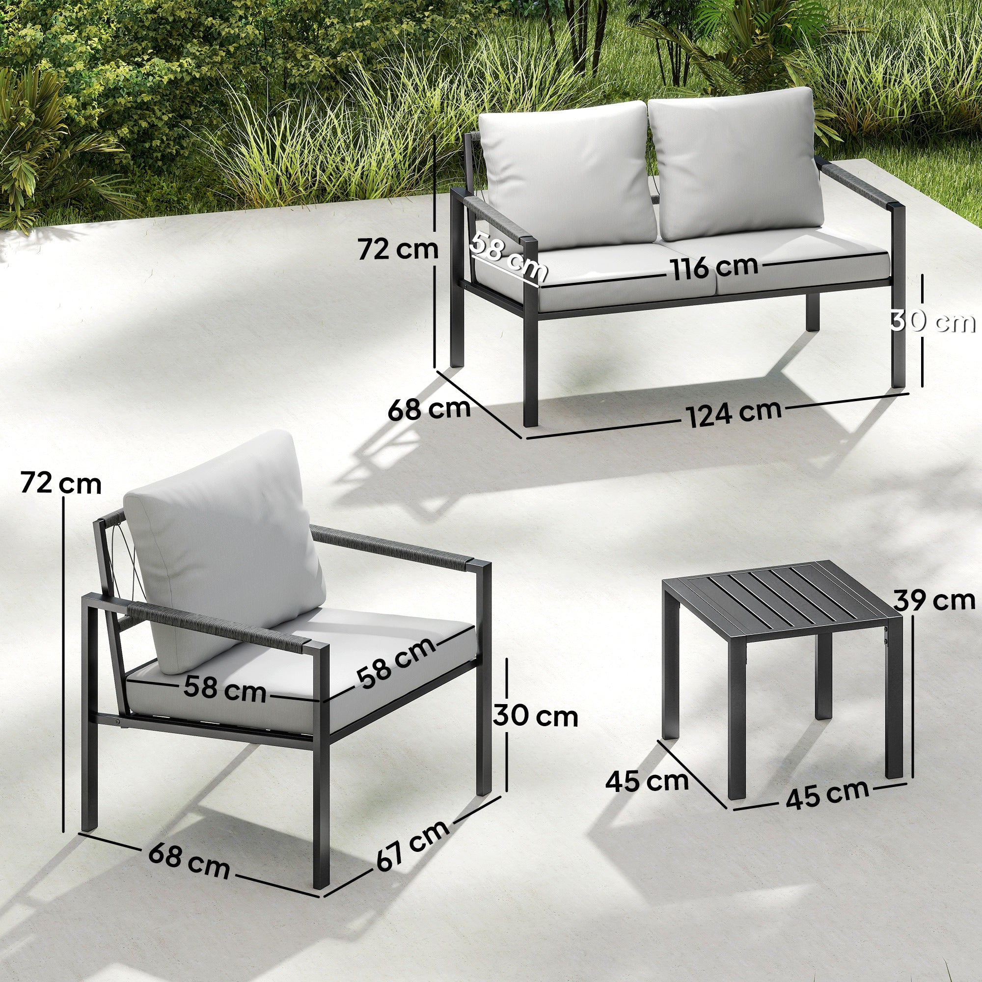 Outsunny 5 Piece Metal Garden Furniture Sofa Set with Thickened Cushions, Loveseat, 2 Armchairs, 2 Coffee Tables, Light Grey
