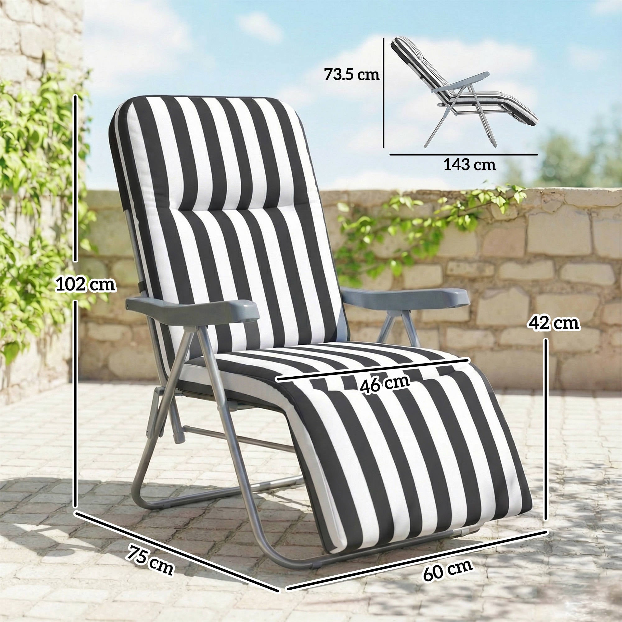 Outsunny Set of 2 Foldable Patio Sun Lounger with Adjustable Backrest and Cushion, Grey and White