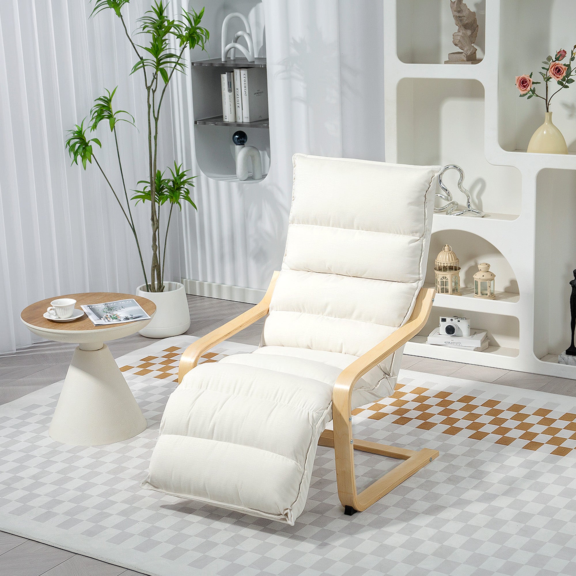 HOMCOM Curved Wooden Accent Chair, with Adjustable Footrest - Cream White