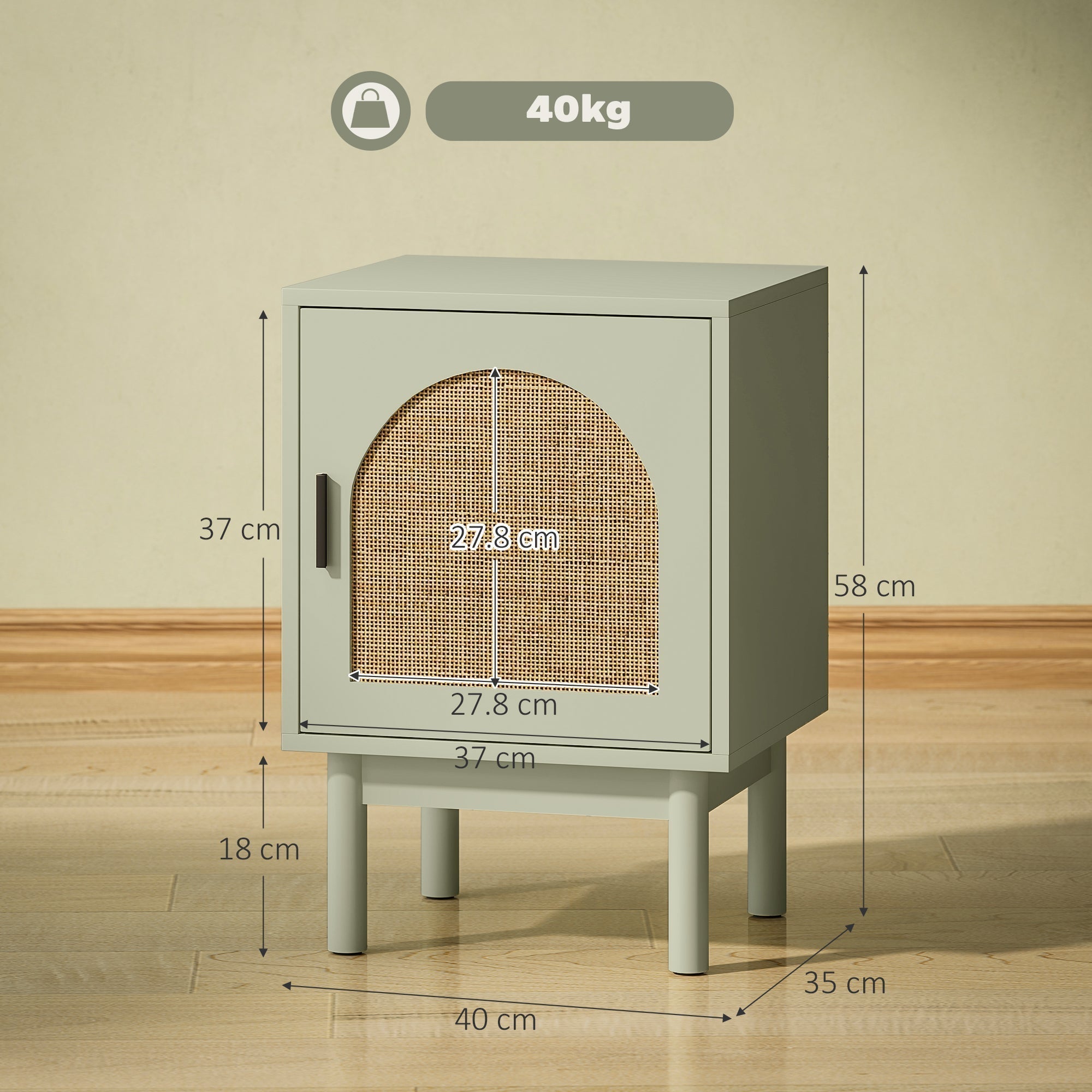 HOMCOM Rattan Bedside Table for Bedroom - Light Green