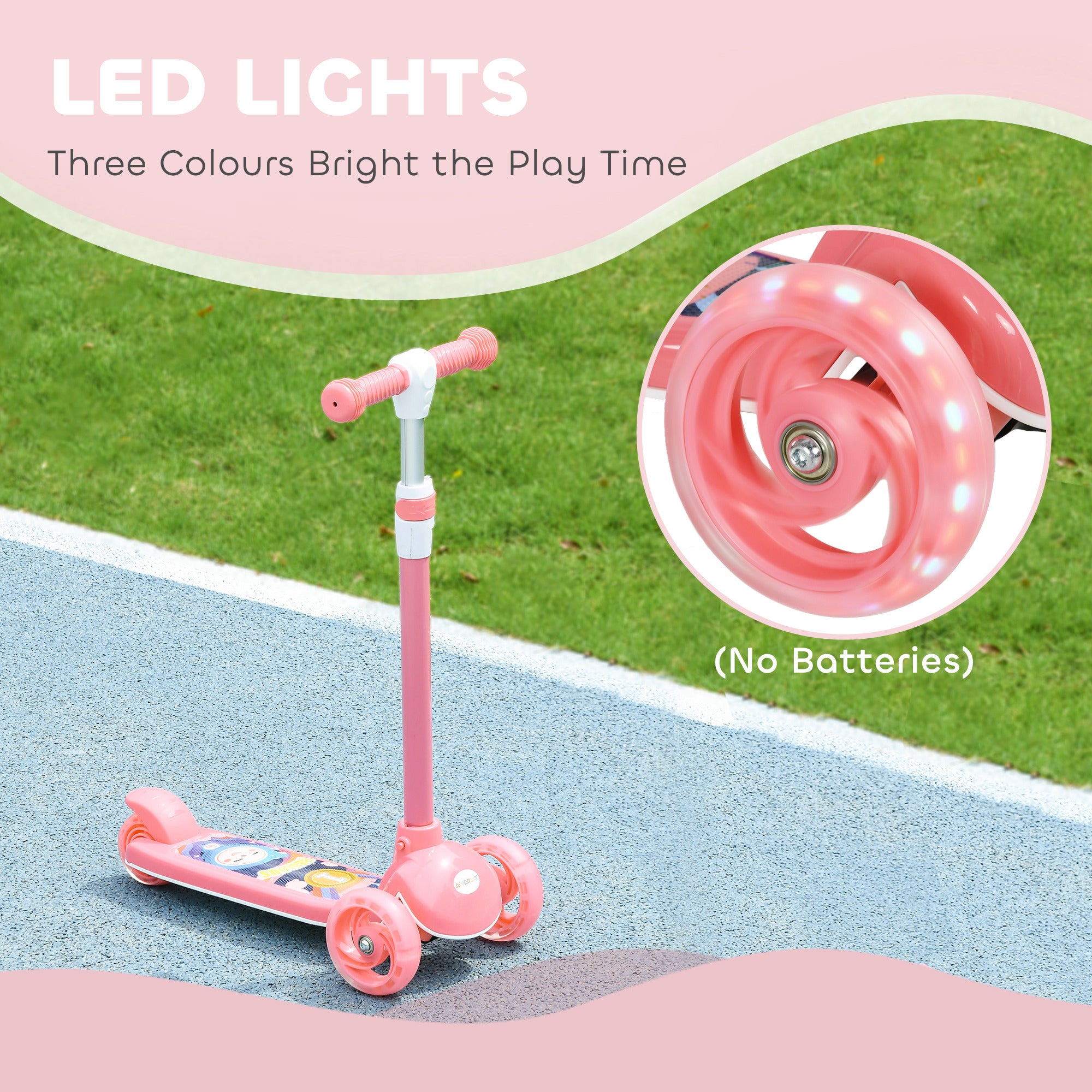 AIYAPLAY Kids 3 Wheel Scooter for 2-6 Years Old w/ Adjustable Height, LED Light, TPE Handlebar, Pink