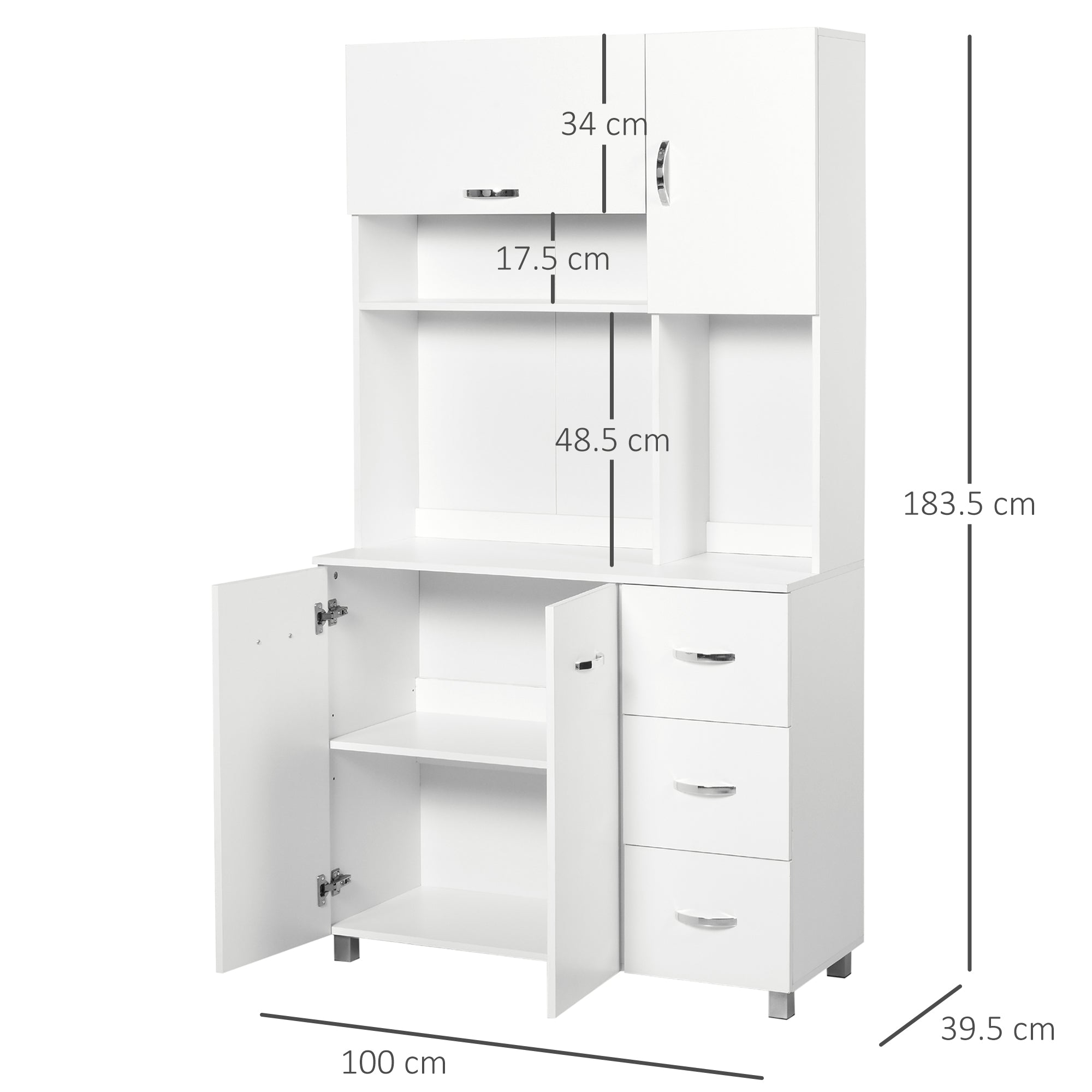 HOMCOM Kitchen Cupboard, 183cm Tall Storage Cabinet with Countertop, Sideboard with 3 Small Drawers, Flip Up Top Door, 3 Cabinet Doors and Open Shelves, 100W x 39.5D x 183.5H cm, White