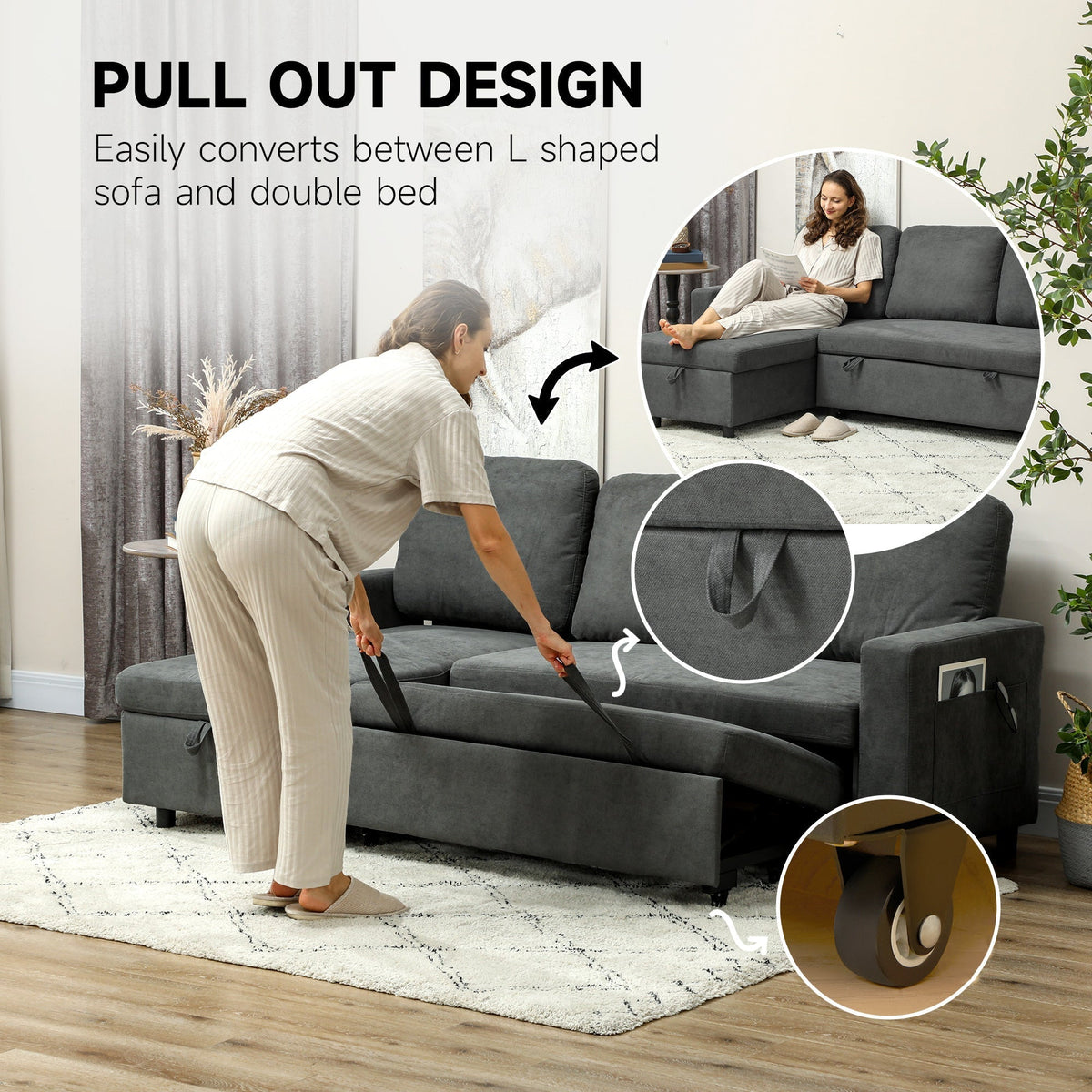 HOMCOM Pull Out Sofa Bed with Storage - Charcoal Grey