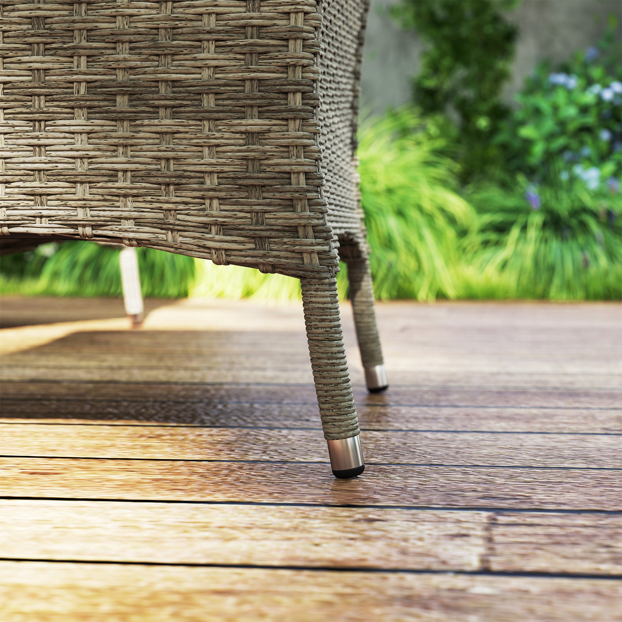 Outsunny Seven-Piece Rattan Dining Table, with Round Glass-Top Table - Light Grey