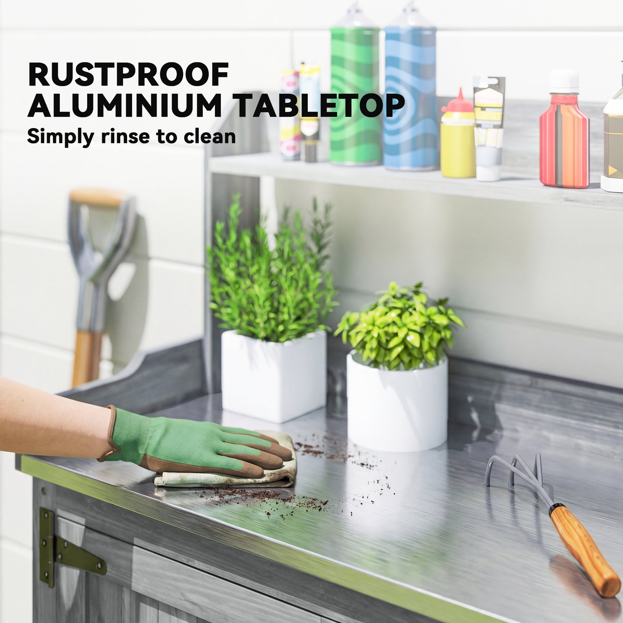 Outsunny Wooden Potting Bench Table with Aluminium Worktop, Outdoor Garden Workbench with Top Shelf and Cabinet Storage