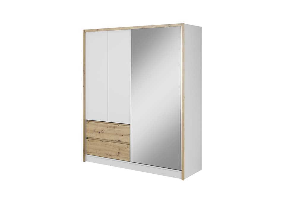 The Sara sliding door wardrobe with two white doors and two drawers below a mirrored door