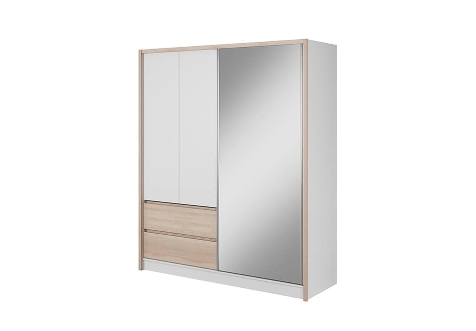 The Sara sliding door wardrobe with two white doors and two drawers below a mirrored door, angled view