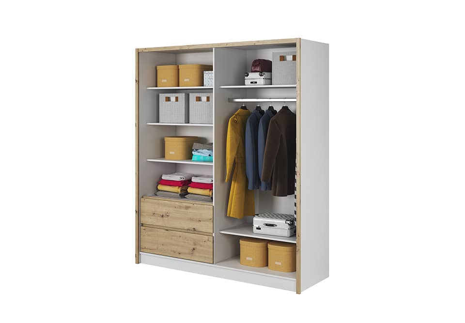 Interior of the sliding door wardrobe, showing shelves, drawers and hanging space with clothes