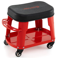 Garage Rolling Stool with Equipment Tray and Tool Holder, a red stool with a black padded seat and four wheels