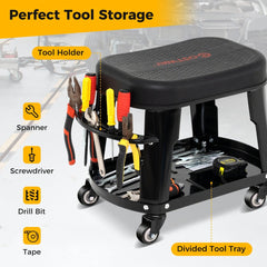 Garage Rolling Stool with Equipment Tray and Tool Holder-Black