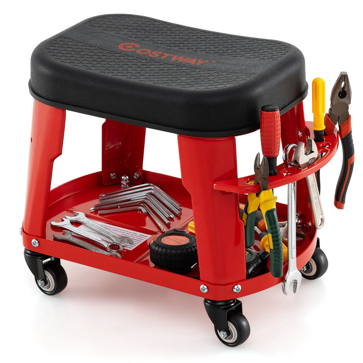 The red garage stool with equipment tray and tool holder, showing tools stored in the side holders