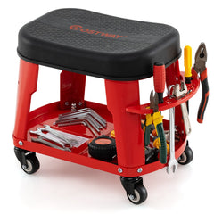 The red garage stool with equipment tray and tool holder, showing tools stored in the side holders