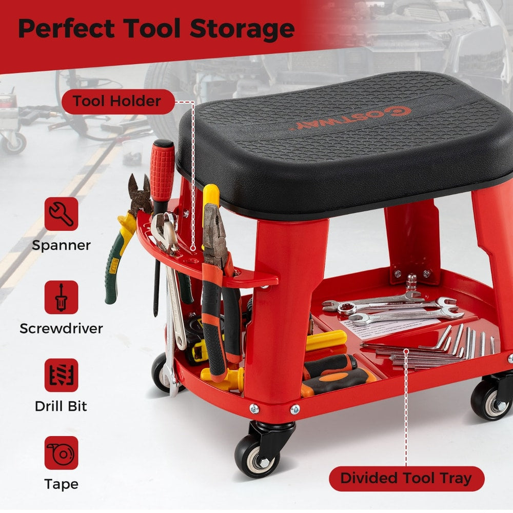 The red garage stool with a divided tool tray and a tool holder with spanners and screwdrivers