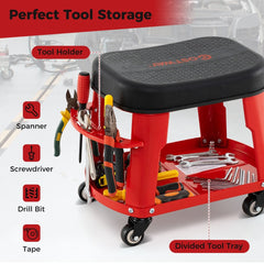 The red garage stool with a divided tool tray and a tool holder with spanners and screwdrivers