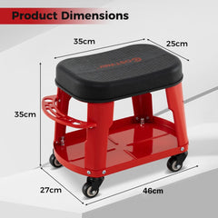 The red rolling stool with equipment tray and tool holder, with product dimensions labelled