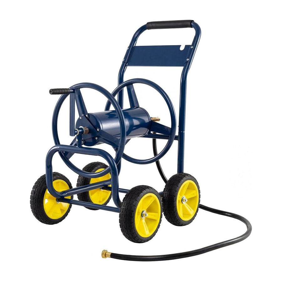 Garden Hose Reel Cart 4 Wheels 100 m of 16 mm Large Capacity-Navy, a navy blue cart with yellow wheels holding a coiled hose