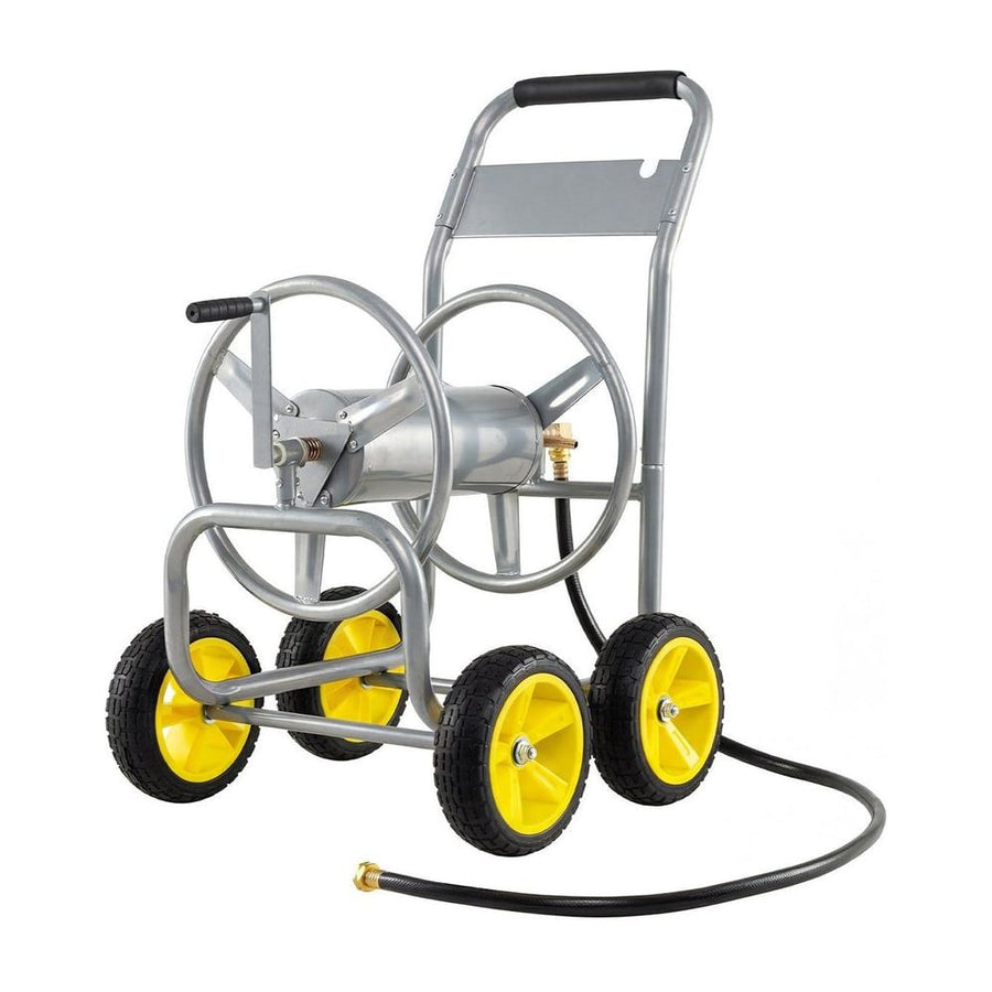 Garden Hose Reel Cart with four wheels and a handle for easy movement