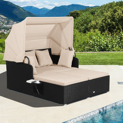 Garden Rattan Daybed with Retractable Canopy and Cushions-Beige