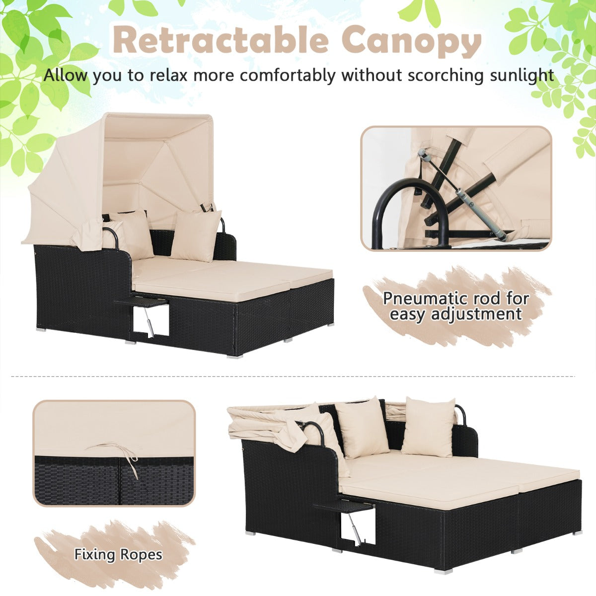 Garden Rattan Daybed with Retractable Canopy and Cushions-Beige