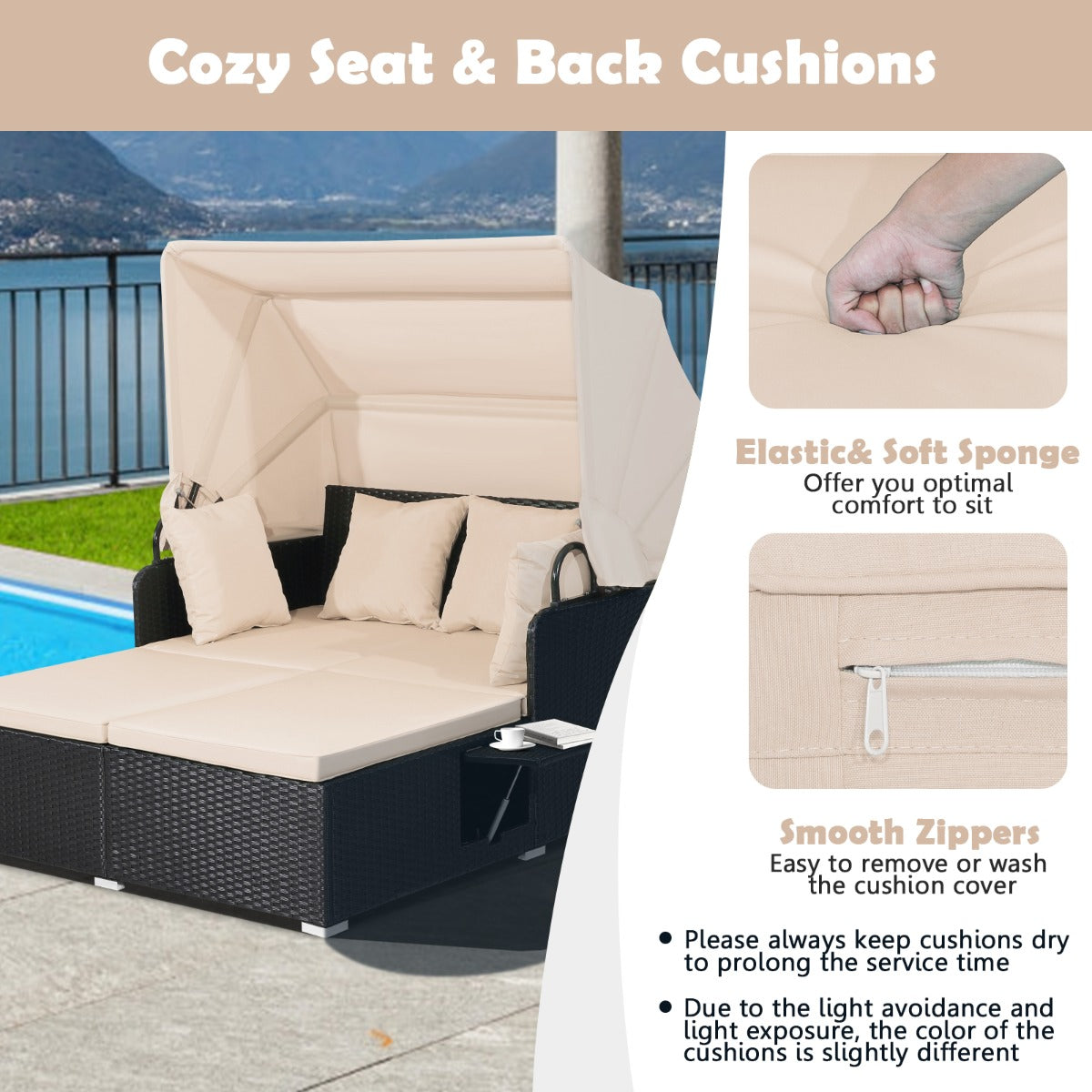 Garden Rattan Daybed with Retractable Canopy and Cushions-Beige