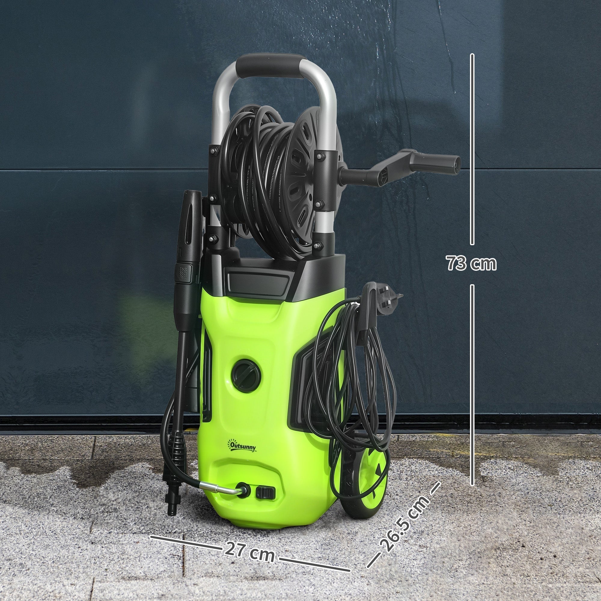 Outsunny 1800W High Pressure Washer, 150 Bar Pressure, 420 L/h Flow, Portable Power Washer Jet Wash Cleaner with Adjustable Nozzle, 6M Hose, Hose Reel, Steel Handle for Home Patio Car Driveway, Green