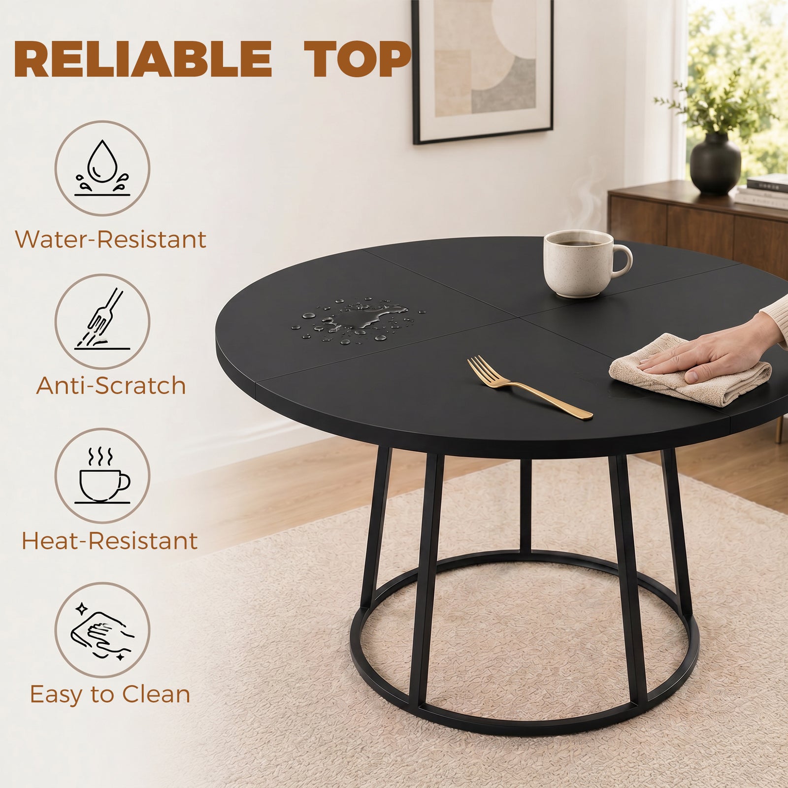 HOMCOM Dining Table Space Saving Kitchen Table Spliced Tabletop Conical Metal Base 120 cm Round Black