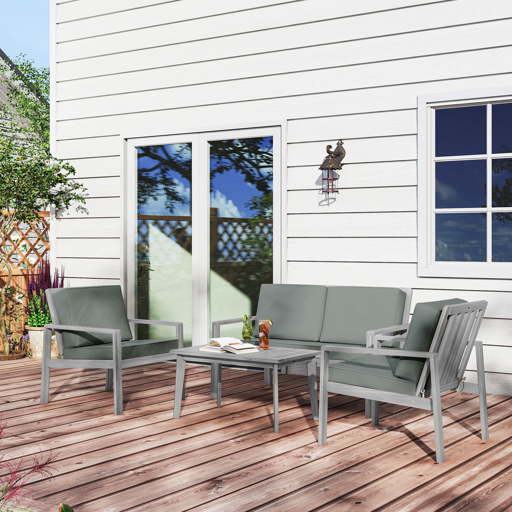 Outsunny 4-Piece Wooden Garden Furniture Set with Cushions - Light Grey