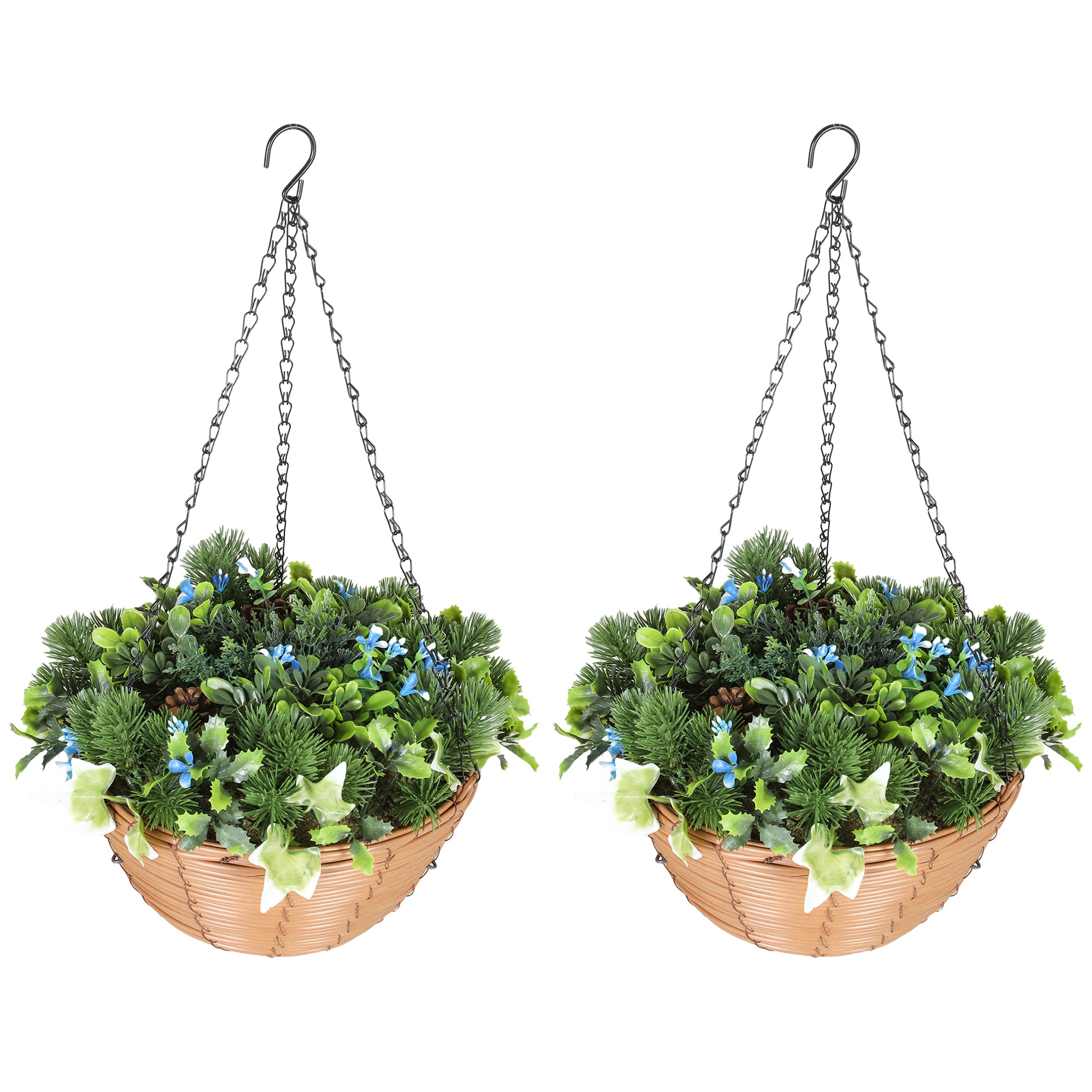 HOMCOM Artificial Flowers in Basket Set of 2, Artificial Hanging Baskets with PE Leaves, 18 Flowers and 3 Pinecones in Pot, Decorative Faux Plant for Home Office Decor, Green