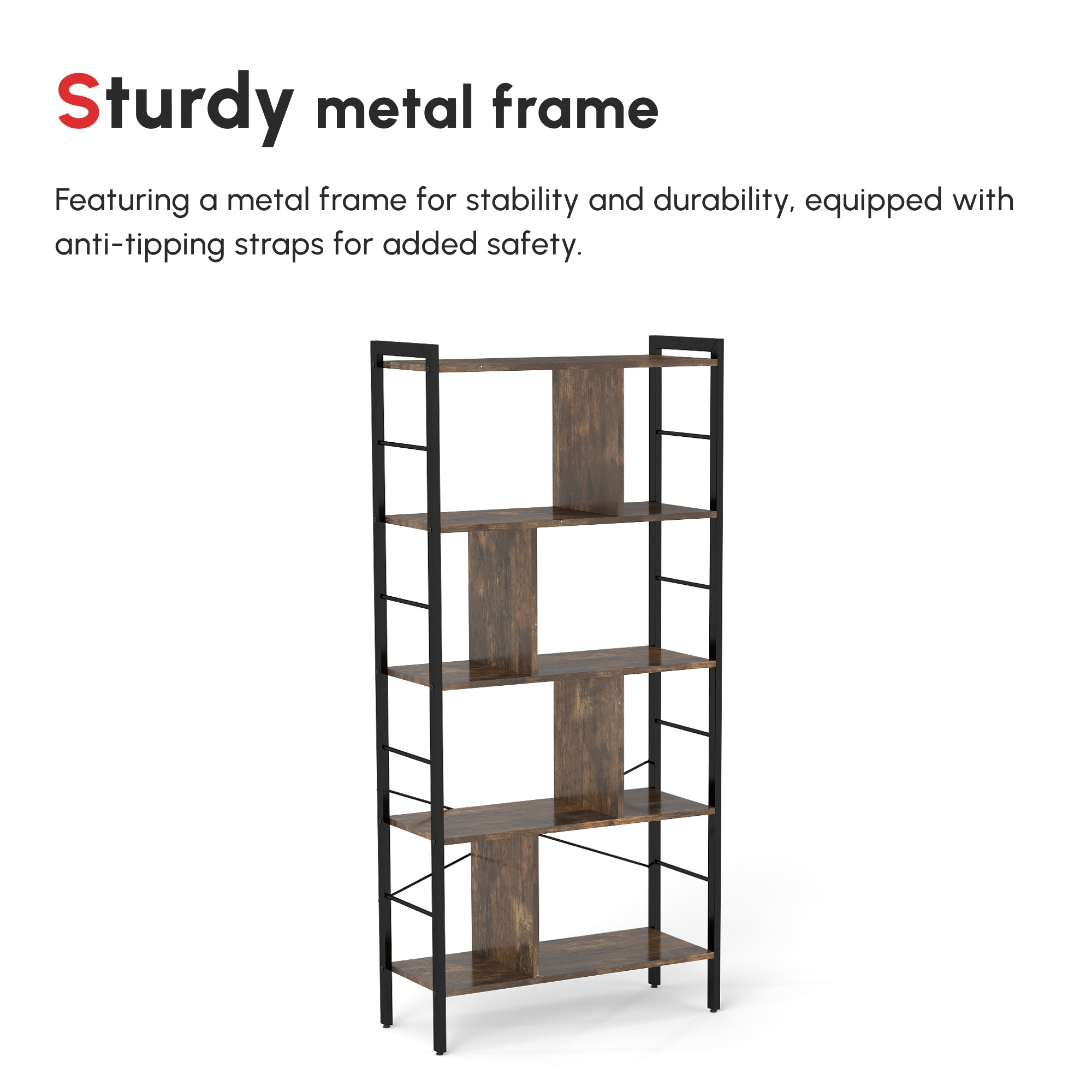 HOMCOM Industrial Storage Unit, 5 Tiers Bookcase with Open Compartments for Office Living Room, Bedroom, Rustic Brown and Black