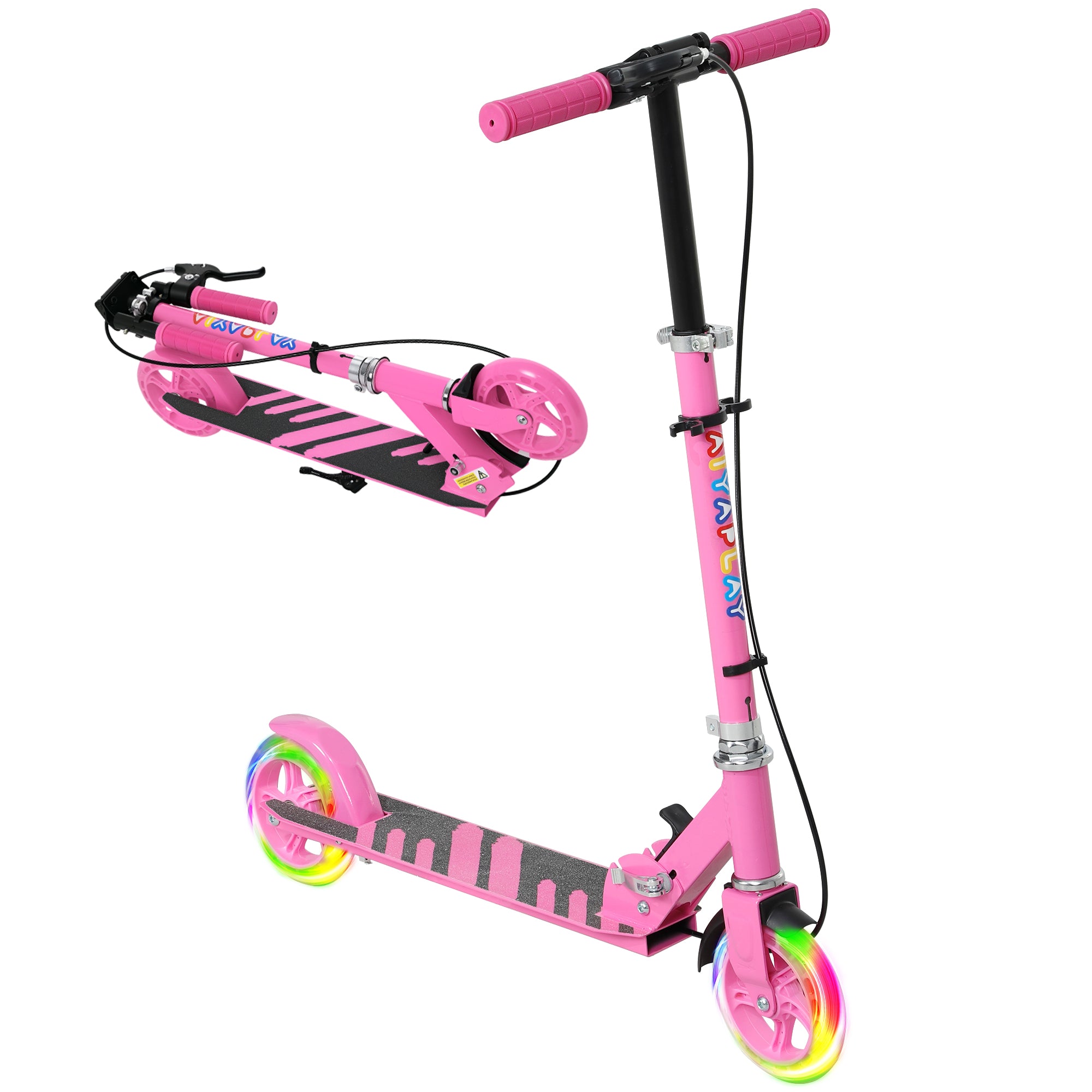 AIYAPLAY Scooter for Kids Aged 3-8 Years, with Adjustable Handle, Two Light Up Wheels, Handbrake, Rear Brake, Pink