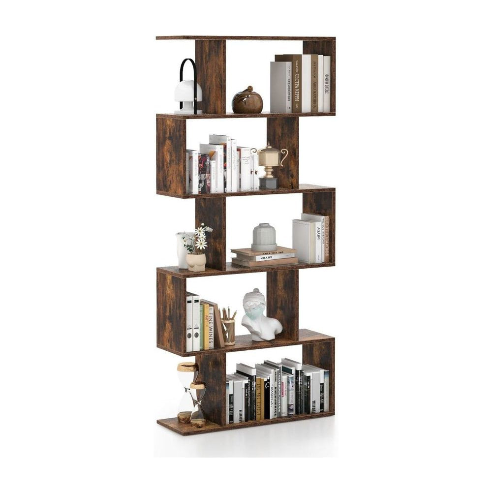 Geometric S-Shaped Bookcase with five shelves in a brown wood effect finish