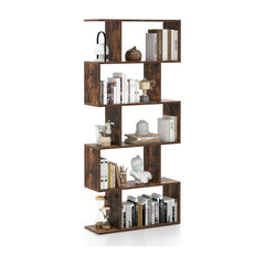 Geometric S-Shaped Bookcase with five shelves in a brown wood effect finish