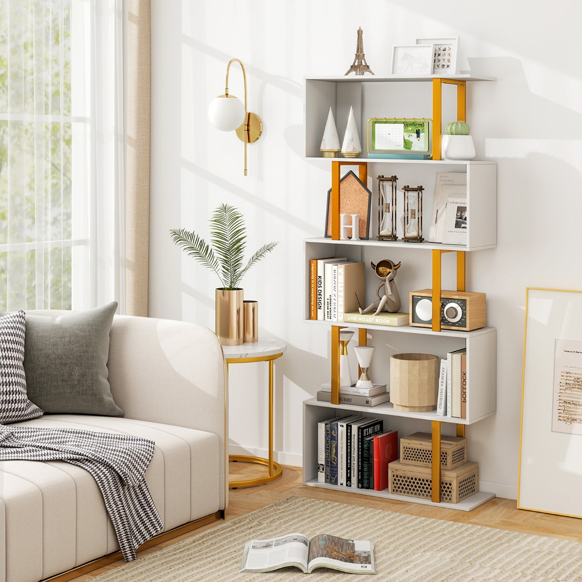5/6-Tier Geometric Bookcase with Metal Frame and Anti-tipping Kits-5-Tier
