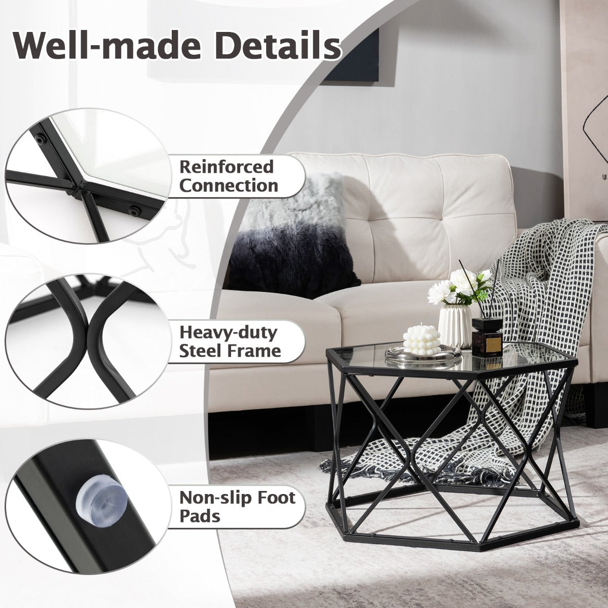 Modern Accent Geometric Glass Coffee Table with Solid Metal Frame-Black