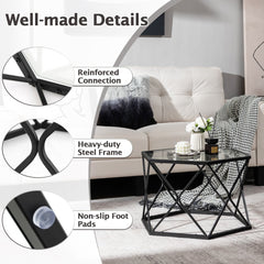 Modern Accent Geometric Glass Coffee Table with Solid Metal Frame-Black