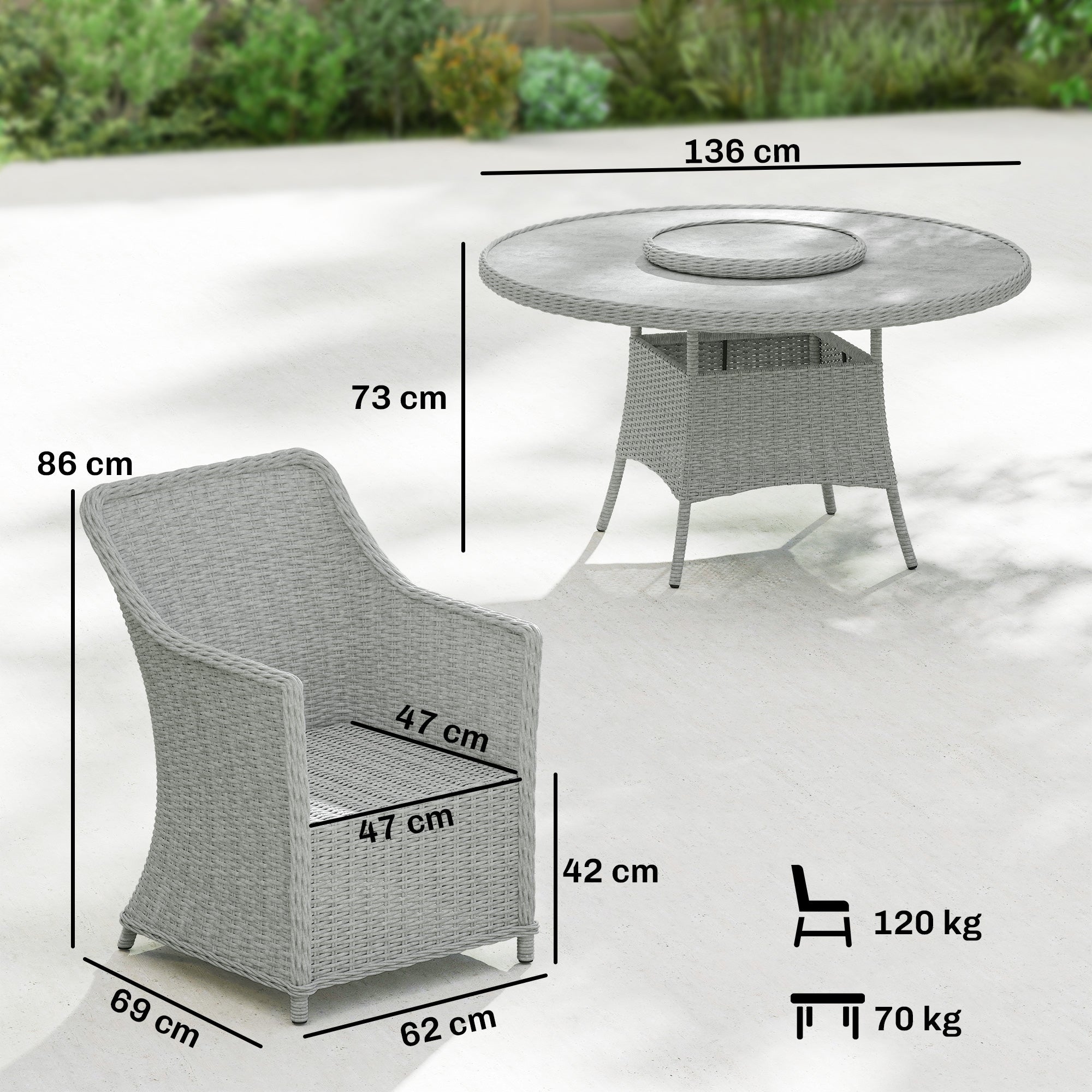 Outsunny Rattan Garden Dining Set with Lazy Susan, Marble Effect Glass Round Garden Table and Chairs with Aluminium Frame, Grey