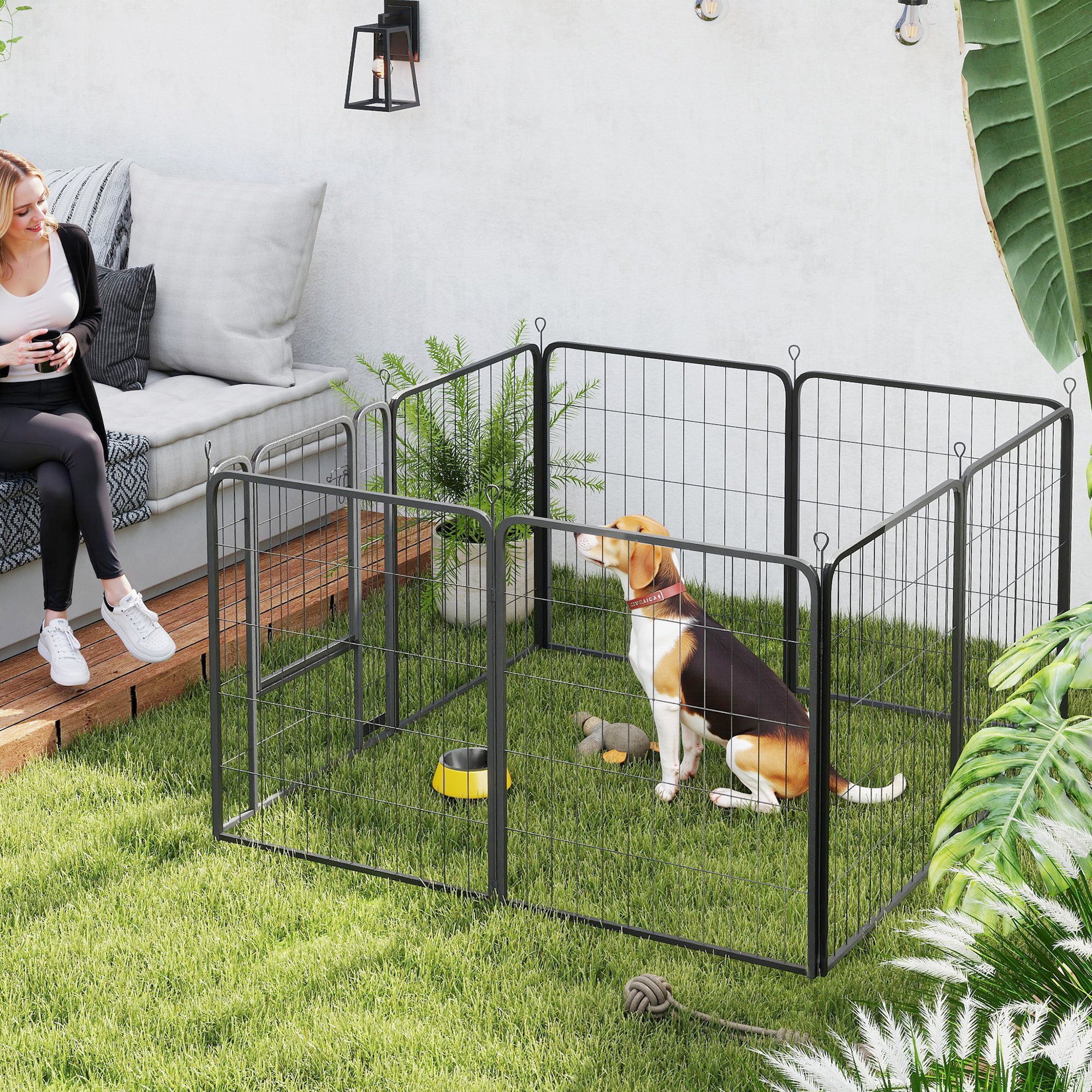 PawHut Eight-Panel Dog Playpen with Door, for Large Dogs, Indoors, Outdoors, 80cm Tall, Black