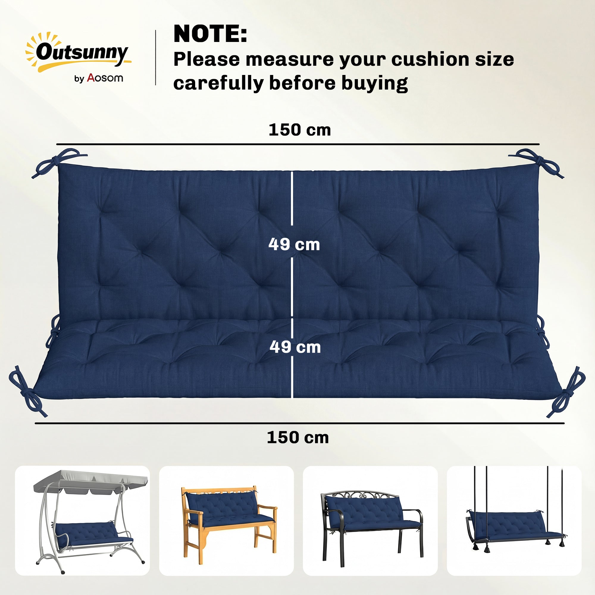 Outsunny 3 Seater Bench Cushion, Garden Chair Cushion with Back and Ties for Indoor and Outdoor Use, 98 x 150 cm, Dark Blue