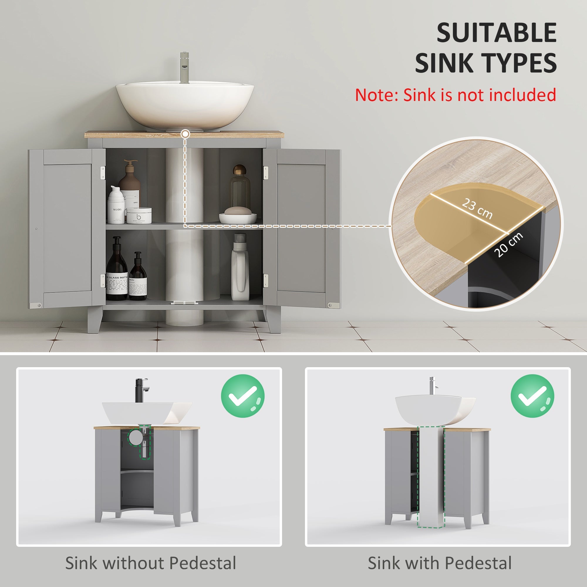 kleankin Under Sink Cabinet, Bathroom Sink Cabinet with 2 Doors, Pedestal Under Sink Design, Freestanding Bathroom Cupboard with Adjustable Shelf, Grey