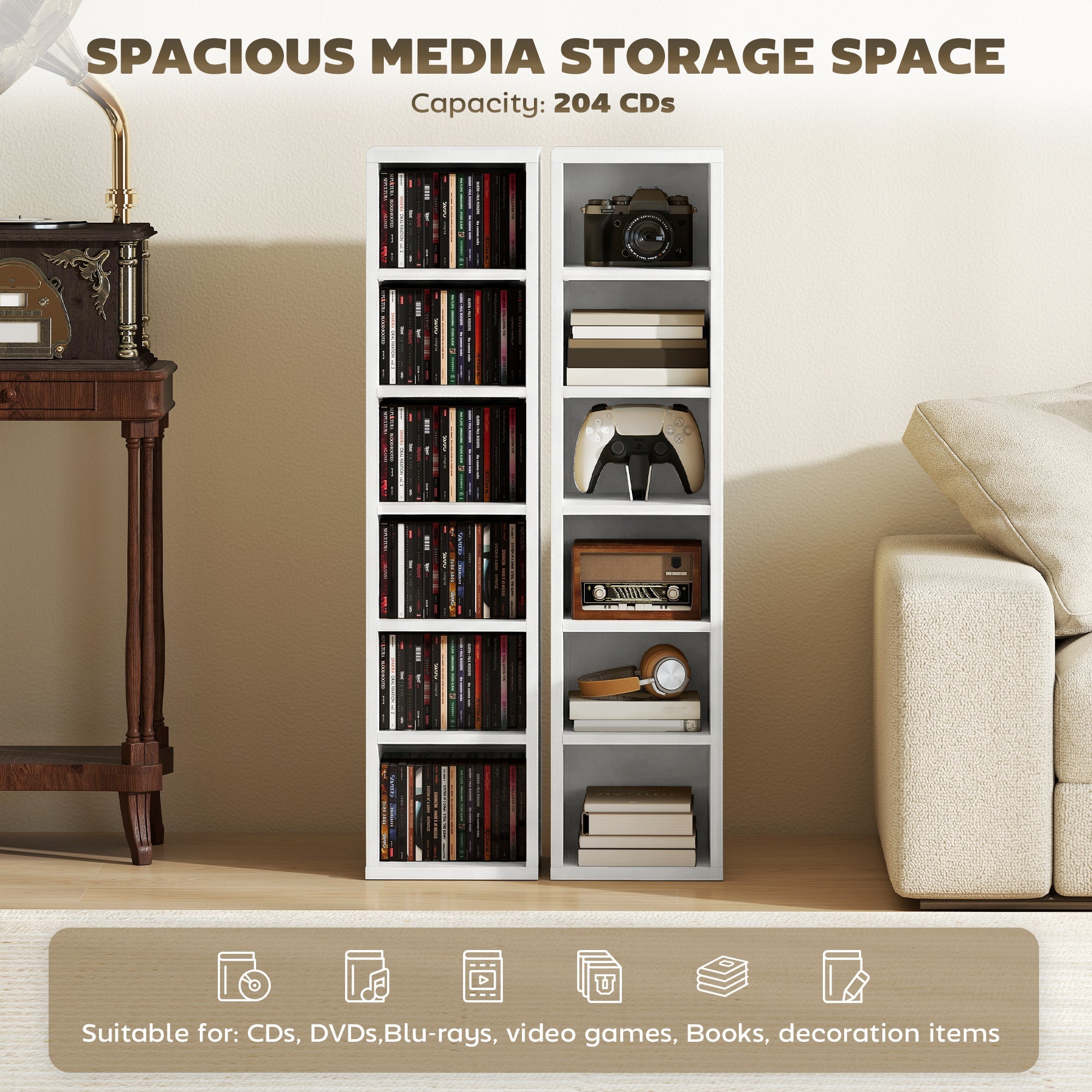 HOMCOM Set of 2 CD Media Display Shelf Unit Tower Rack with Adjustable Shelves, White