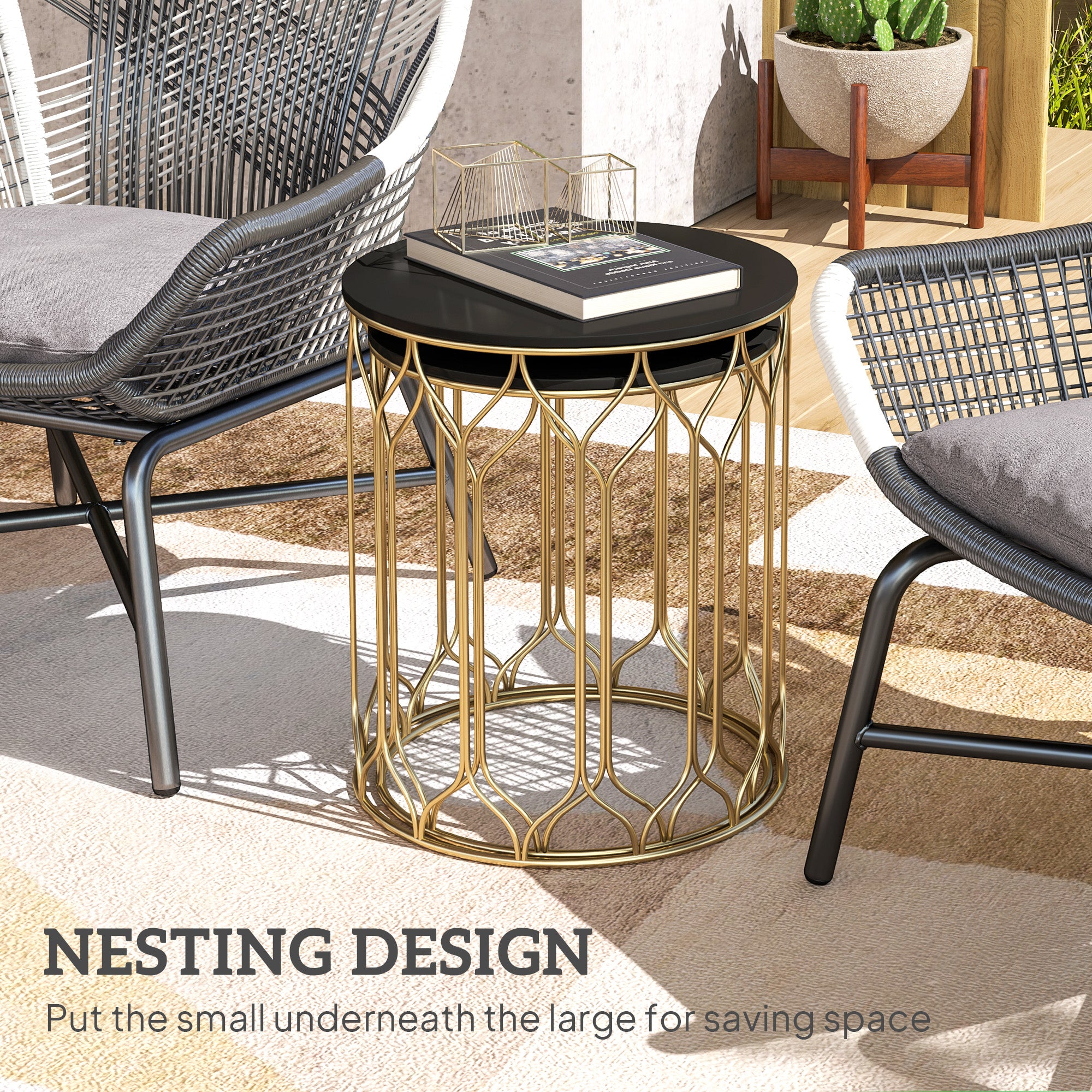 Outsunny Round Coffee Table Set of 2, Modern Nesting Tables with Ceramic Tile Top, Small End Tables, Indoor Outdoor Side Table with Metal Frame for Living Room, Bedroom, Patio, Balcony, Black