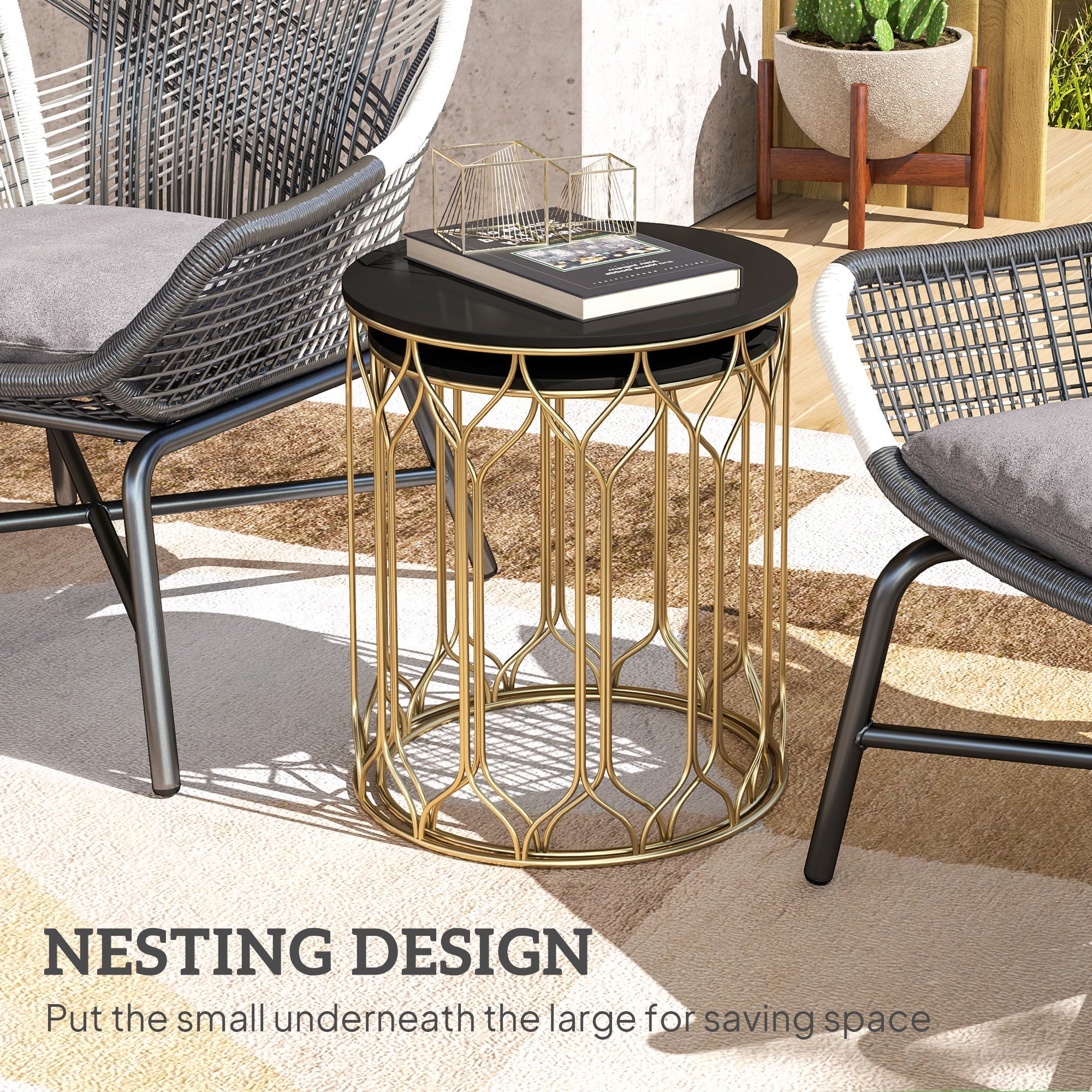 Outsunny Round Coffee Table Set of 2, Modern Nesting Tables with Ceramic Tile Top, Small End Tables, Indoor Outdoor Side Table with Metal Frame for Living Room, Bedroom, Patio, Balcony, Black