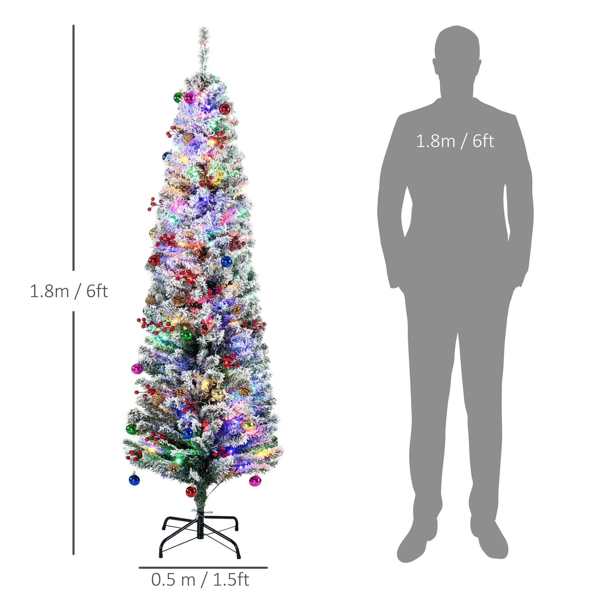 HOMCOM 6' Artificial Prelit Christmas Trees Holiday D√É¬©cor with Colourful LED Lights, Flocked Tips, Berry, Pine Cone