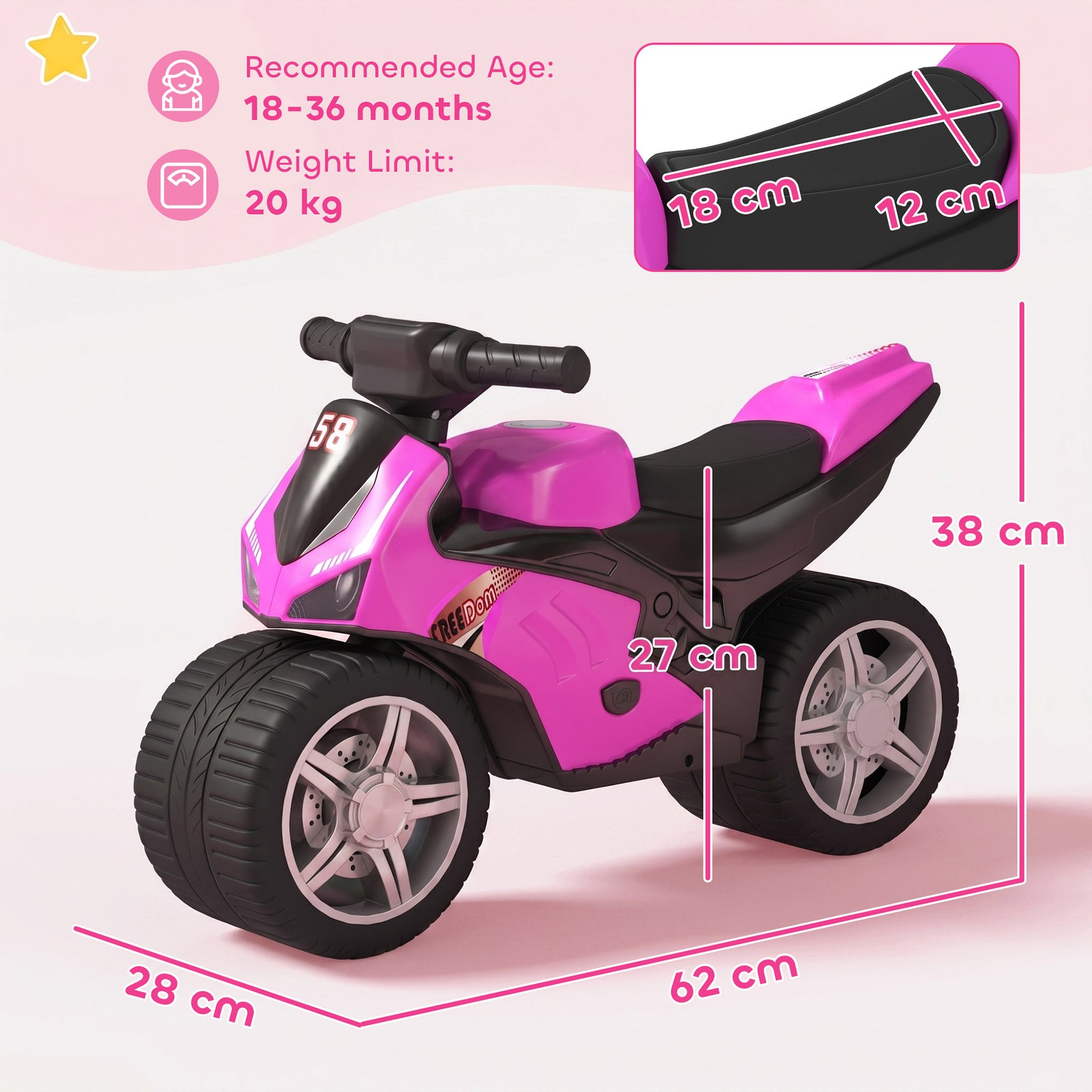 AIYAPLAY Balance Bike with Music Extra-Wide Wheels Toddler Bike for Boys Girls Pink